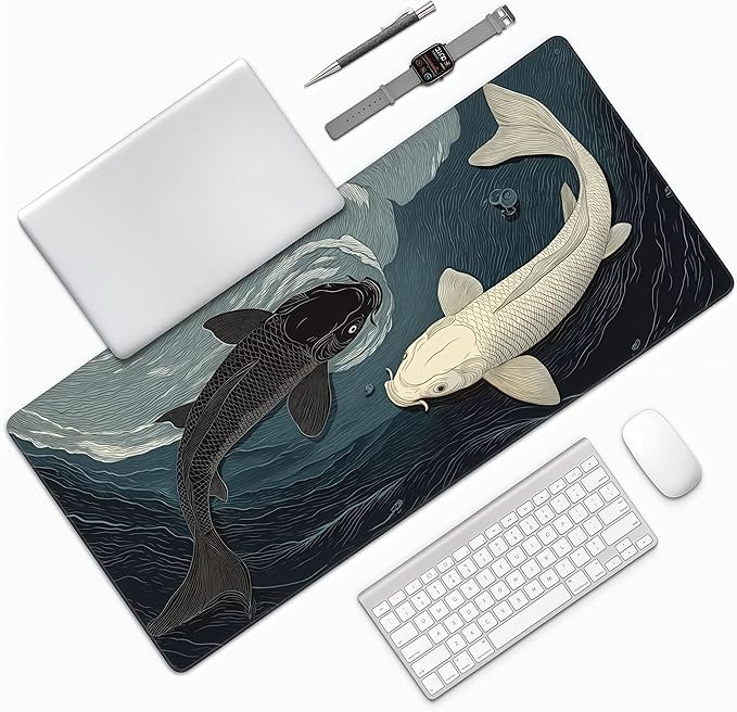 Tai Chi Koi Fish Gaming Mouse Pad, Large Desk Mat with Non-Slip Rubber Base, 35.4 x 15.7 Inches, Black and White Design for PC Gaming and Office