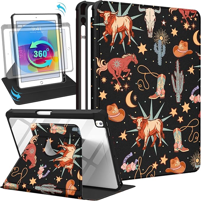 Uppuppy for iPad 9th/8th/7th Generation Case for iPad Air 3rd/ Pro 10.5” Case - 360 Rotating Stand Folio Smart Cover with Pencil Holder for Women, Western Cowboy for Apple Tablet 7/8/9 Gen 10.2 inch