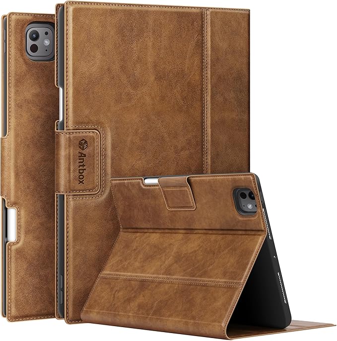 Antbox for iPad Pro 13 Inch Case M5 2025/M4 2024, Built-in Pencil Holder, Supports Pencil Pro/(USB-C), Auto Sleep/Wake Function PU Leather (Brown)