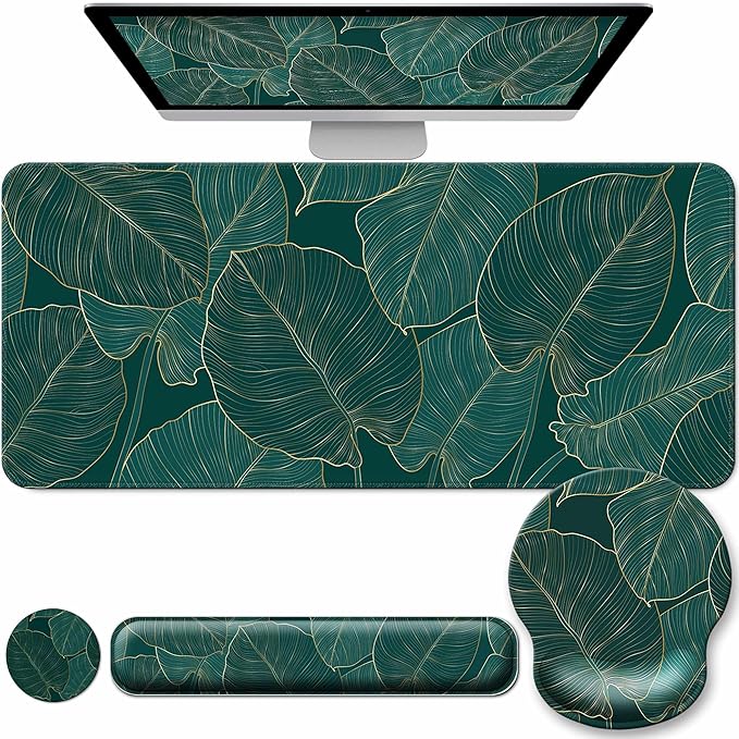 Desk Mat Set + Keyboard and Mouse Pad with Wrist Rest Support,4-in-1 Large Mousepad Computer Mats for Desktop Home & Office-Green Leaves