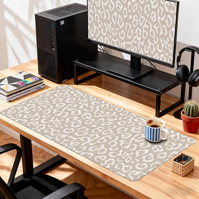 Desk Cover Mat, XXL Large Mouse Pad, Computer Laptop Mat Desk Decor for Office Game Home 31.5 X 15.7 Inch (Beige Leopard Print)