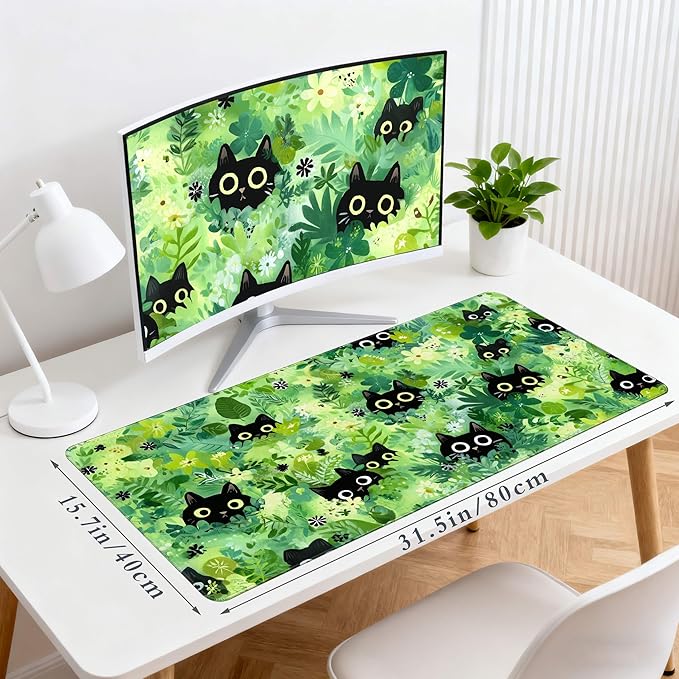Desk Cover Mat, Extended Large Anime Mouse Pad, Computer Laptop Mat Desk Decor for Office Game Home 31.5 X 15.7 Inch (Green Plant Cat)