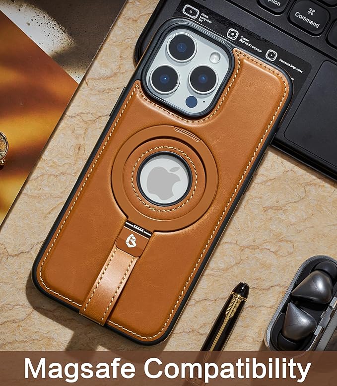 Butaiga for iPhone 15 Pro Leather Case with Stand, Anti-Slip Grip Ring, Fits for MagSafe (Brown, iPhone 15 Pro)