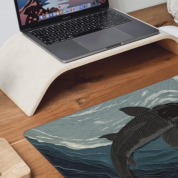 Tai Chi Koi Fish Gaming Mouse Pad, Large Desk Mat with Non-Slip Rubber Base, 35.4 x 15.7 Inches, Black and White Design for PC Gaming and Office