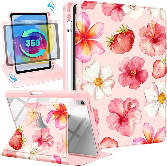 Uppuppy for iPad A16 Case for iPad 10th Generation Case 10.9 inch - 360 Degree Rotating Stand Folio Smart Cover with Pencil Holder for Women Girls, Hibiscus for Apple Tablet 10th 2022/11th 2025