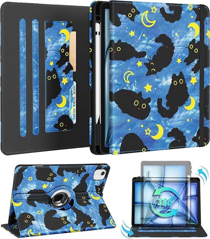 Kidcube for iPad Air 11 Inch Case M3/M2, Air 5th/4th Generation Cases 10.9'', Pro 11'' 2020 - Women Girls Aesthetic Cute Rotating Stand Folio Cover with Pencil Holder & Card Slot Girly Cat Stars