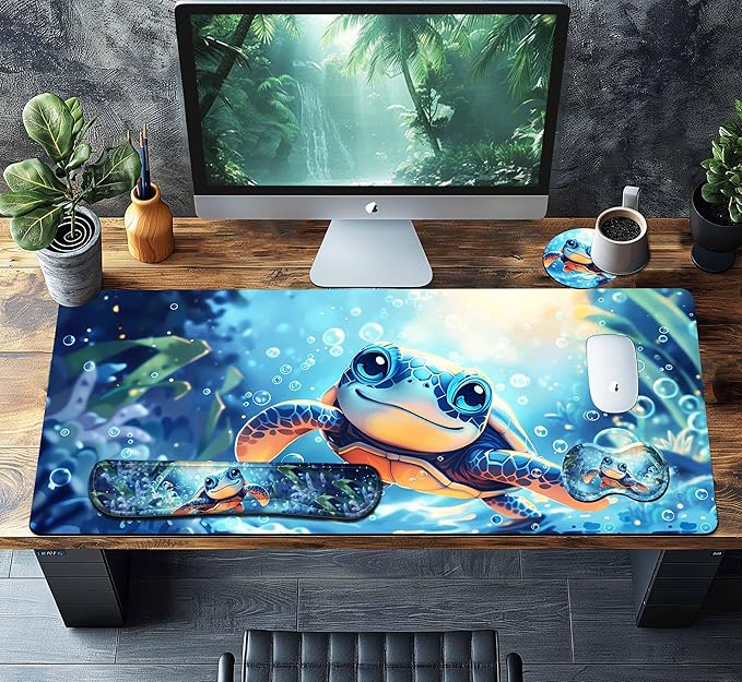4-Piece Extended Large Mouse Pad Set for Women Men with Turtle Anime Design Includes 35.4 x 15.7 XXL Large Mouse Pad Keyboard Wrist Rest Mouse Wrist Support and Coaster for Office Home