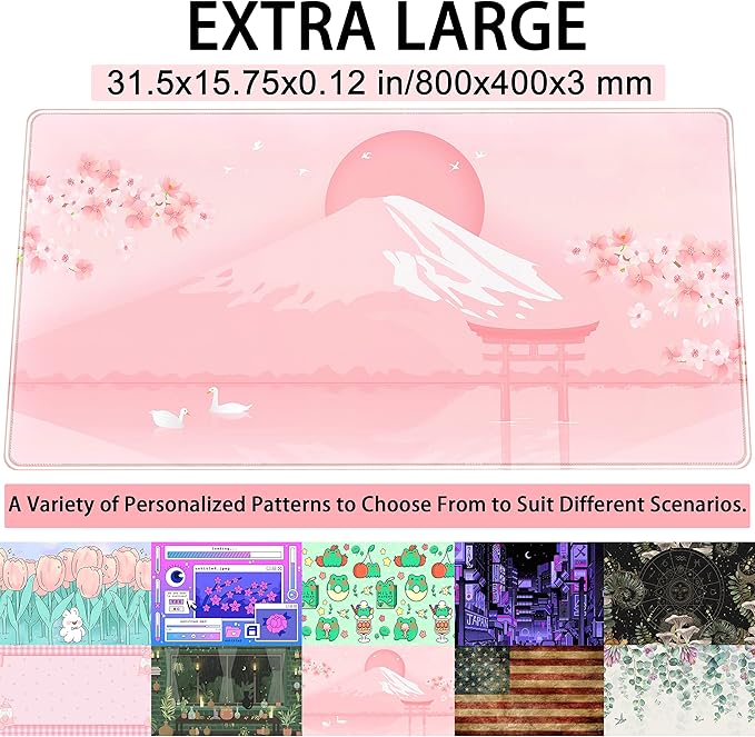 Cherry Blossom Mouse Pad Kawaii Pink Floral Desk Mat, Japanese Pastel Sakura Large Anime Gaming Mousepad XXL, Cute Aesthetic Mount Fuji Japan Keyboard Mats for Women Office Desk Pads 31.5"x15.75"