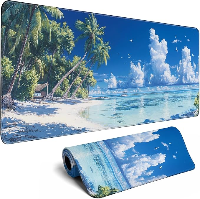Desk Pad Gaming Mouse Pad Beach Large for Desk Computer Pc Laptop Office Decor, Mouse Keyboard Mat Stitched Edges Non-Slip Rubber 31.5x11.8 in
