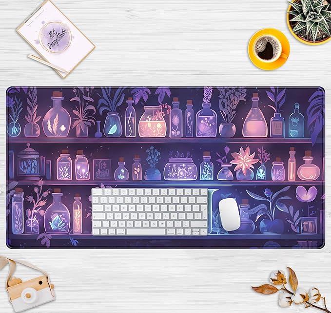 Cute Cozy Purple Gaming Desk Mat, Mystical Potion Bottles Mouse Pad XXL Large Extended Aesthetic Apothecary Shelf Desk Pad, Fun Computer Desktop Pad Mat Laptop Keyboard and Mouse Mat 31.5x15.7 in