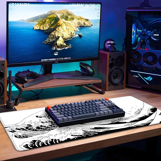 Gaming Mouse Pad for Desk,Large Mousepad Laptop,Black White Japanese Wave Anime Mouse Mat,Long XXL Waterproof Keyboard Pads,Big Non-Slip Computer Mousepads for Game Office Home（31.5 x 11.9 in）