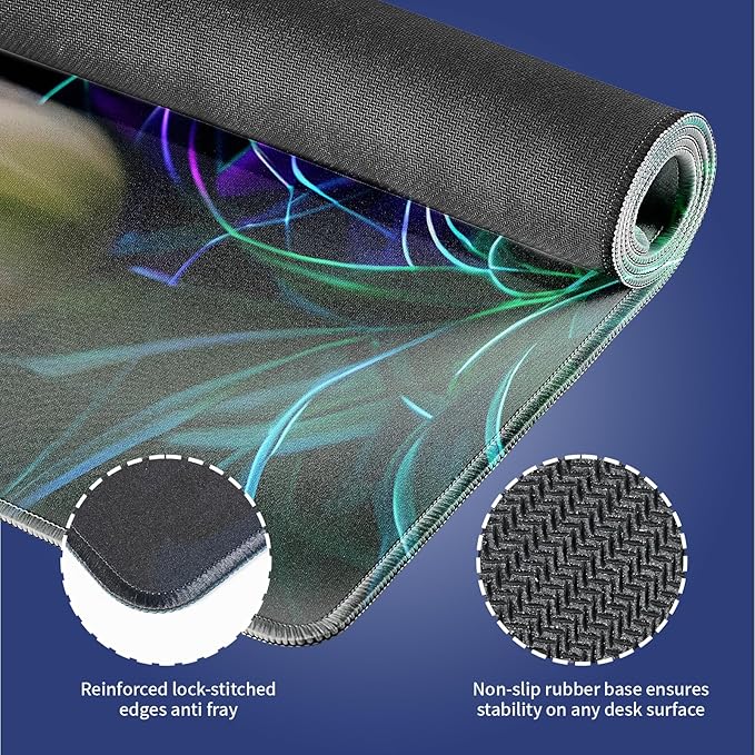 XXL Gaming Mouse Pad with Stitched Edges - Abstract Modern Neon Lotus Painting Purple Glowing Flowers Blossom, Smooth Cloth Surface Anti-Slip Rubber Base Large Desk Mat for Mice & Keyboard