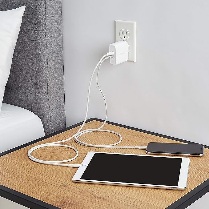 Amazon Basics 36W Dual Port USB-C Wall Charger with Power Delivery, Foldable Plug, for Tablets and Phones, Apple Watch, White, 2.34 x 1.09 x 2.21 in (PD36U-2TNB)