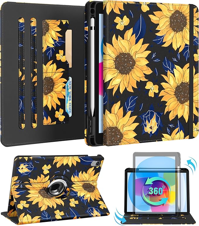 Kidcube for iPad 10th Generation Case 2022, for iPad (A16) Case 11th Generation 2025 - Women Girls Cute Rotating Stand Folio Cover with Pencil Holder & Card Slot Girly Kawaii Sunflower Design Cases