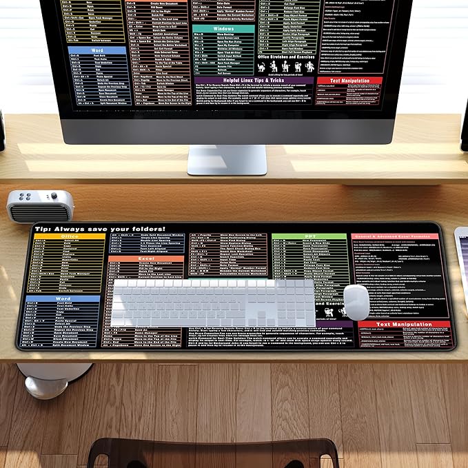 Excel Cheat Sheet Desk Pad Excel Shortcut Keys Mouse Pad Gaming Mouse Pad Desk Accessories Waterproof Non-Slip Large Computer Mat, 31.5x11.8 in (Office Software Shortcut Keys)