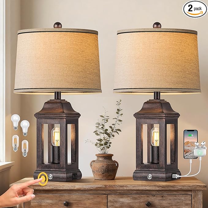 24" Rustic Farmhouse Table Lamps for Living Room Set of 2, Touch Dimmable Nightlight Vintage Bedside Lamps with USB A+C Ports & Dual Light Sources for Bedroom Nightstand End Table, Antique Black