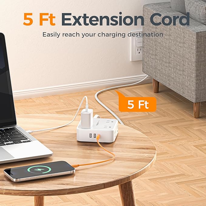 TESSAN Surge Protector Power Strip, 5 Ft Flat Plug Extension Cord with 3 USB (1 USB C) 8 Outlets, 1250W, 900J Protection, 3 Sided Outlet Extender with Power Switch for Office, Dorm Room, Grey