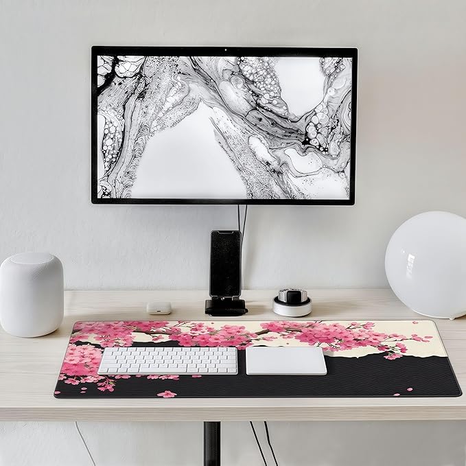 Extra Large Mouse Pad, Cherry Blossom Floral Pattern, Non-Slip Rubber Base, 35.4 x 15.7 Inches, Rectangular Desk Pad