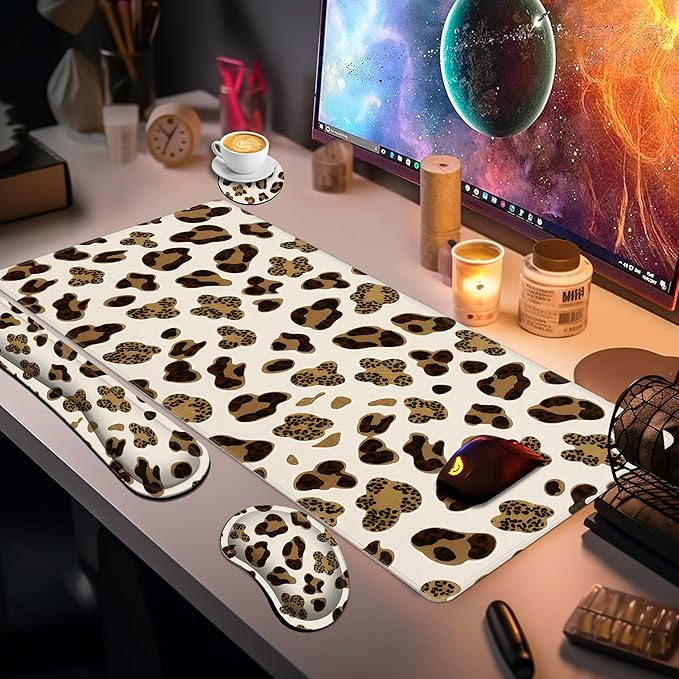 Leopard Large Gaming Mouse Pad Set of 4 for Women 35.4 x 15.7 with Keyboard Wrist Rest, Wrist Support, Coaster, Memory Foam Smooth Desk Mat Mousepad for Home Office School
