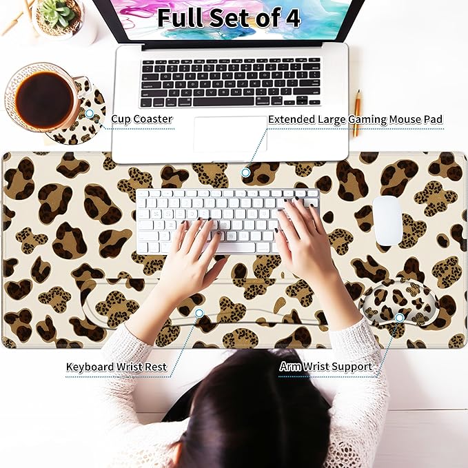 Leopard Large Gaming Mouse Pad Set of 4 for Women 35.4 x 15.7 with Keyboard Wrist Rest, Wrist Support, Coaster, Memory Foam Smooth Desk Mat Mousepad for Home Office School