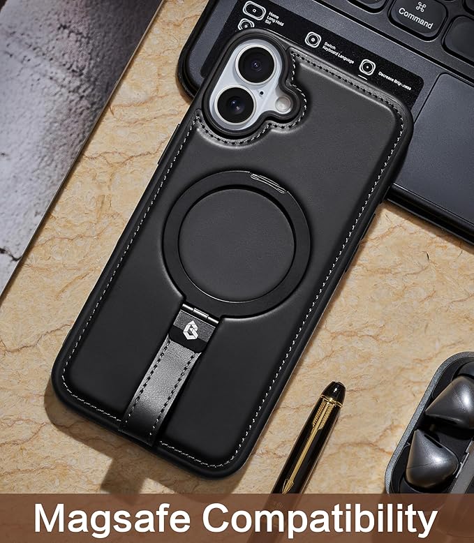 Butaiga for iPhone 17 Leather Case with Stand, Anti-Slip Grip Ring, Fits for MagSafe (Black, iPhone 17)