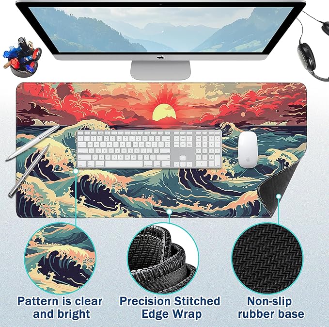 Gaming Mouse Pad - (31.5"×11.8") Wave Style Large Mouse Pads for Desk - Desk Mat for Keyboard and Mouse with Non-Slip Base, Desks Pad Matfor Game/Office & Home