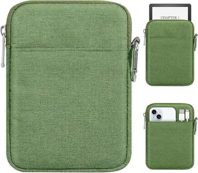 MoKo Padded Ereader Sleeve Case for 6-7 inch Tablet Bag Protective Cover Pouch with a Carabiner, Compatible with 7" eReader Colorsoft Signature Edition 2024, Grass Green