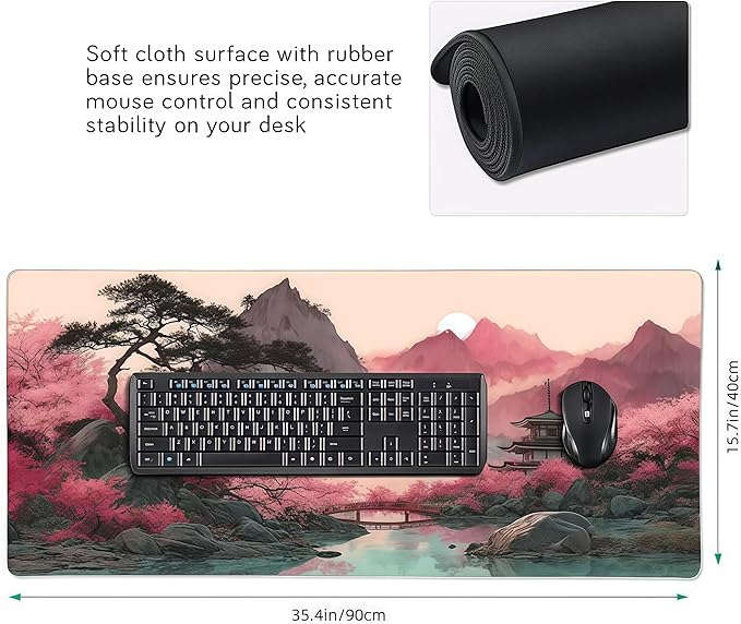 Gaming Mouse Pad, Japanese Cherry Blossom Watercolor Design, 35.4x15.7 Inches, Extended Desk Mat with Rubber Material, Rectangular Shape, Anti-Skid Base