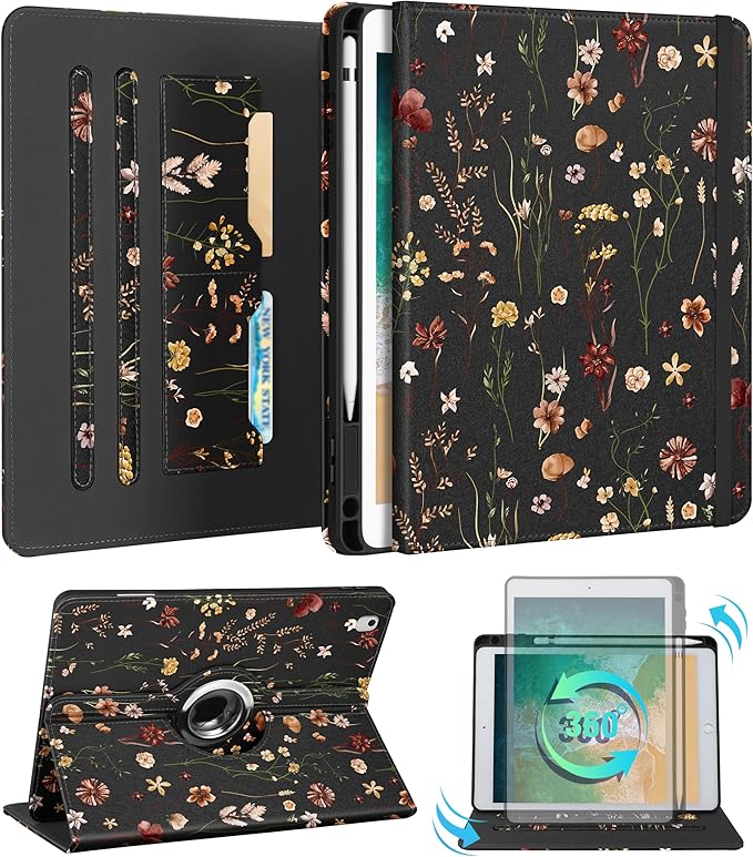 Kidcube for iPad 5th Generation Case 2017/Air 1st 2013/Pro 9.7 Inch Case 2016 - Women Girls Kids Cute Rotating Stand Folio Cover with Pencil Holder & Card Slot Girly Flowers Floral Unique Design Cover