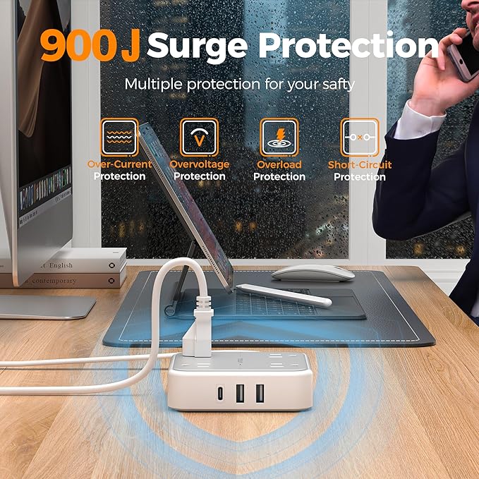 TESSAN Surge Protector Flat Extension Cord 3Ft, Ring Plug Power Strip with 4 Outlets 3 USB Ports (1 USB C), 900 Joules Protection, Multiple Wall Outlet Extender Suitable for Home Office Dorm, Grey