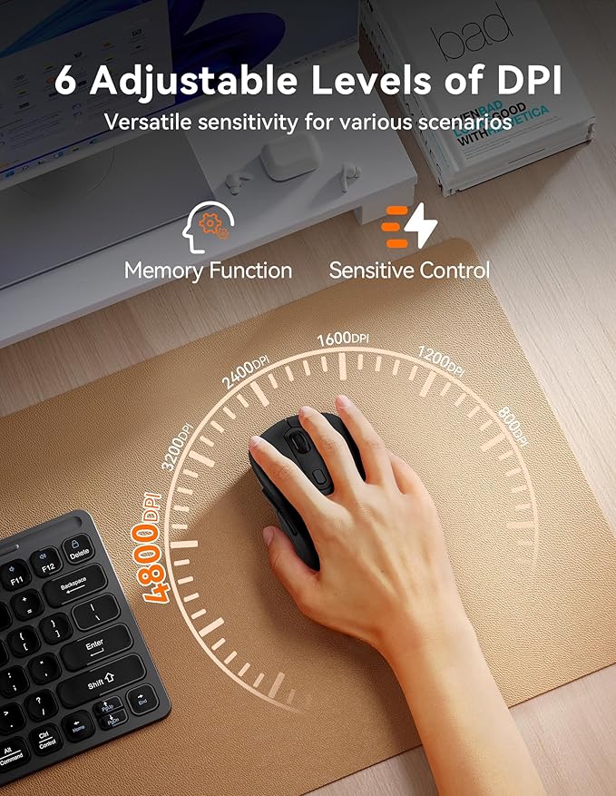 TECKNET Bluetooth Mouse, [ USB + BT1 + BT2 ] Wireless Mouse for Laptop, Silent Click, Ergonomic Design, 4800 DPI Computer Mice Wireless, Dual Mode for Laptop, Computer, iPad, MacBook