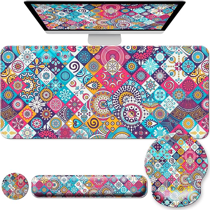 Desk Pad Keyboard Wrist Rest and Mouse Pad Coaster Set,Large XXL Desk Mat Matt Cover Ergonomic Mousepad with Memory Foam for Women Desktop Computer & Office -Mexican Style