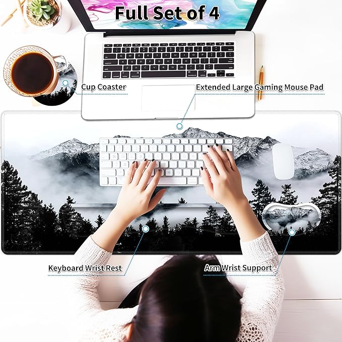 Large Gaming Mouse Pad Set 35.4 x 15.7 with Keyboard Wrist Rest, Wrist Support, and Coaster Memory Foam Smooth Desk Pad Mousepad for Home Office School - Mountain Forest