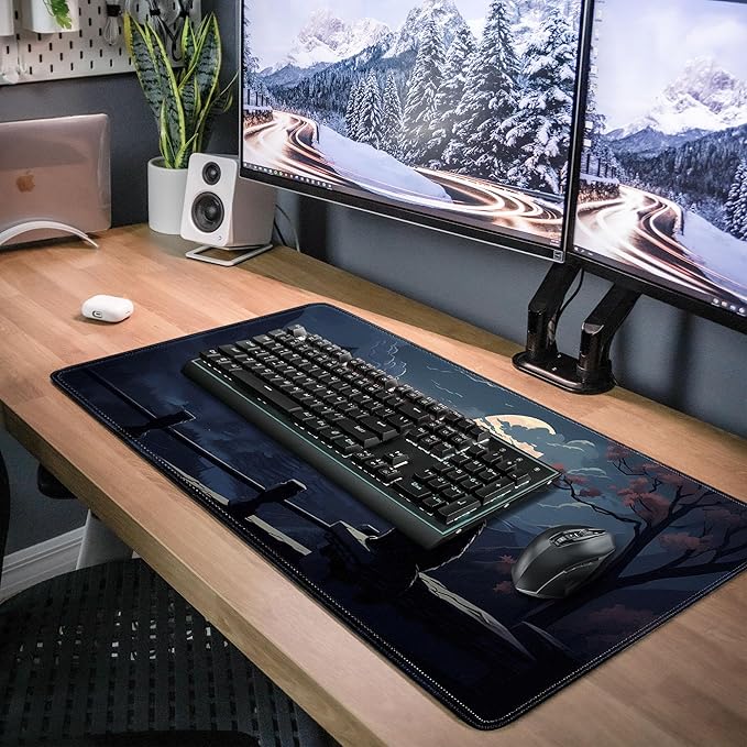 Moon Cat Large Gaming Mouse Pad,Black XL Mouse Pad Gaming 31.5 x 11.8 in Mouse Mat Desk Pad,Large Desk Mat,Extended Keyboard Pad Mousepad with Non-Slip Base and Stitched Edge for Office Home Gaming