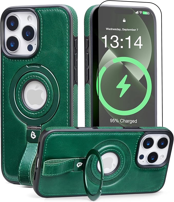 Butaiga for iPhone 16 Pro Max Leather Case with Stand, Anti-Slip Grip Ring, Fits for MagSafe (Green, iPhone 16 Pro Max)