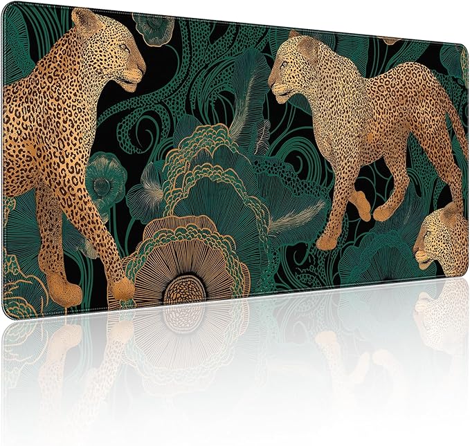 35.4 x 15.7 in, XXL Large Mouse Pad for Desk, Extended Keyboard Mouse Mat for Computer Office, Big Mouse pad with Stitched Edges, Gaming Pc-Leopards on Tropica