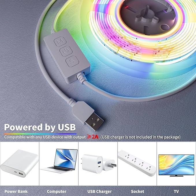 MIWISE RGB Smart IC COB LED Strip Lights Chasing Color, USB LED Strip Light Addressable, Rainbow Effect with Music Sync, App Control, Compatible with Alexa and Google for TV, Bedroom, Cabinet, 9.84ft