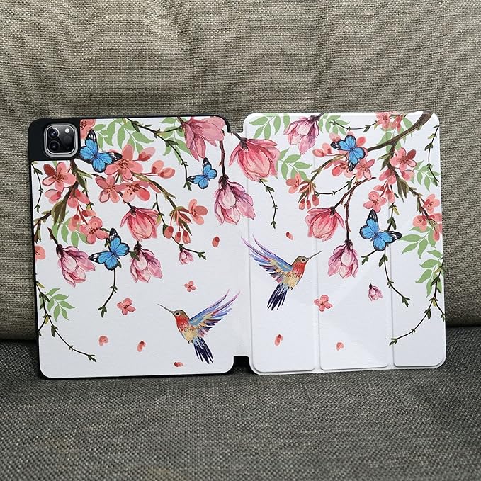 MEEgoodo for iPad Pro M2 12.9 Case 6th/5th/4th/3rd Generation 2022 2021 2020 2018 with Pencil Holder, Tablet Cover with Soft TPU Back Shell, Birds & Flowers