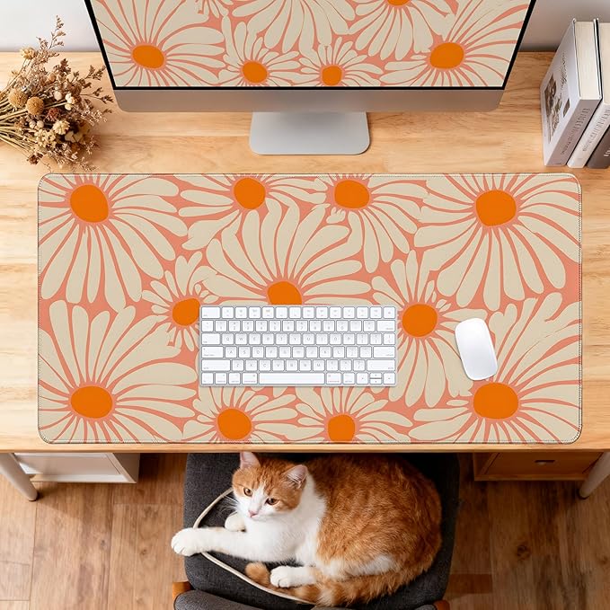 Desk Cover Mat, Extended Large Anime Mouse Pad, Computer Laptop Mat Desk Decor for Office Game Home 31.5 X 15.7 Inch (Orange Floral)