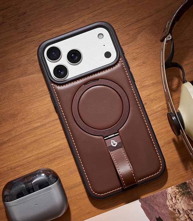 Butaiga for iPhone 17 Pro Max Leather Case with Stand, Anti-Slip Grip Ring, Fits for MagSafe (Cocoa, iPhone 17 Pro Max)