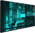 Cyan Green Japanese Desk Mat, Neon Tokyo Extended Mouse Pad Anime Cat Desk Pad, Gaming Mousepad XXL, Large Keyboard Mat for Gamers, Cool Computer Mat for Desk with Stitched Edges 31.5X15.7 in