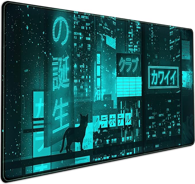 Cyan Green Japanese Desk Mat, Neon Tokyo Extended Mouse Pad Anime Cat Desk Pad, Gaming Mousepad XXL, Large Keyboard Mat for Gamers, Cool Computer Mat for Desk with Stitched Edges 31.5X15.7 in
