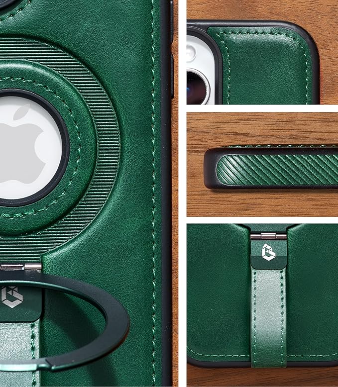 Butaiga for iPhone 13 Pro Max Leather Case with Stand, Anti-Slip Grip Ring, Fits for MagSafe (Green, iPhone 13 Pro Max)