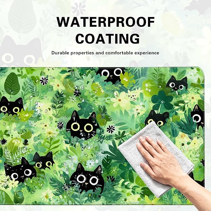 Desk Cover Mat, Extended Large Anime Mouse Pad, Computer Laptop Mat Desk Decor for Office Game Home 31.5 X 15.7 Inch (Green Plant Cat)