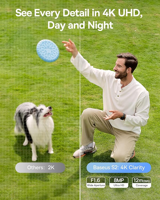 Baseus S2 4K Solar Security Cameras Wireless Outdoor - Radar+PIR Detection, AI Face Recognition, Auto Sunlight-Tracking, Color Night Vision, IP67, No Monthly Fee, Local Storage, Featured at CES 2025