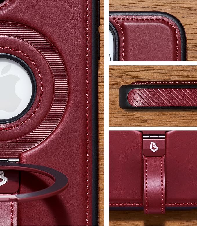 Butaiga for iPhone 12 / iPhone 12 Pro Leather Case with Stand, Anti-Slip Grip Ring, Fits for MagSafe (Burgundy, iPhone 12/12 Pro)