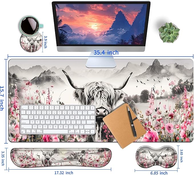 4-Piece Extended Large Mouse Pad Set for Women Men with Highland Cow Design Includes 35.4 x 15.7 XXL Large Mouse Pad Keyboard Wrist Rest Mouse Wrist Support and Coaster for Office Home