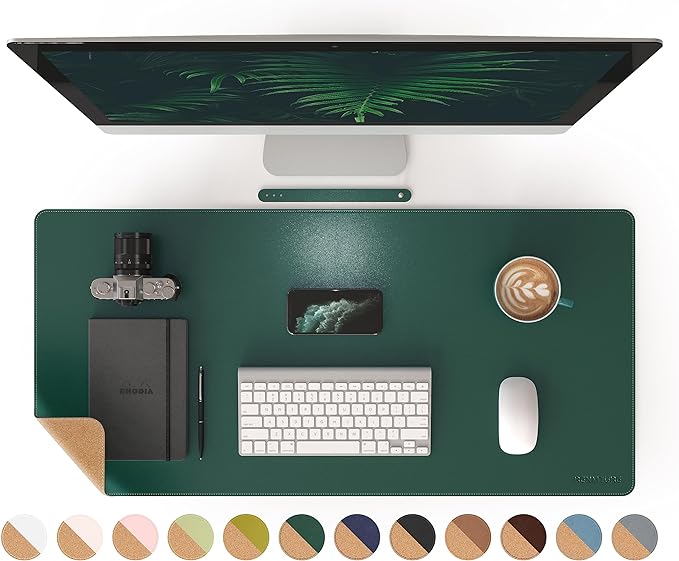 RENMTURE Dual-Sided Mouse Pad, Natural Cork & PU Leather Large Desk Pad for Office and Home Work, Desk Protector Non-Slip, Waterproof, Easy Clean (Dark Green, 36"x17")