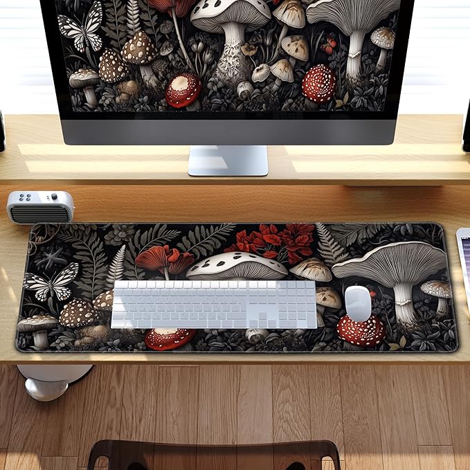 Mushroom Mouse Pad Gaming Desk Pad Ferns XL Large Mat Black Long Extended Mousepad Non-Slip Rubber Mice Pads Stitched Edges Thin Pad (31.5x11.8 Inch)
