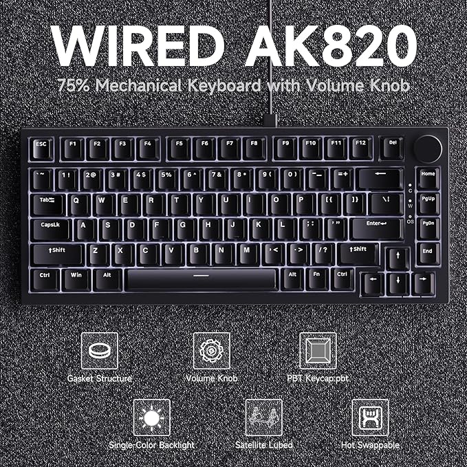 Ajazz AK820 75% Wired Gasket Mechanical Gaming Keyboard with Volume Knob - South Facing LED - Poron Foam - PBT Keycaps - Programmable RGB Hot Swap Keyboard